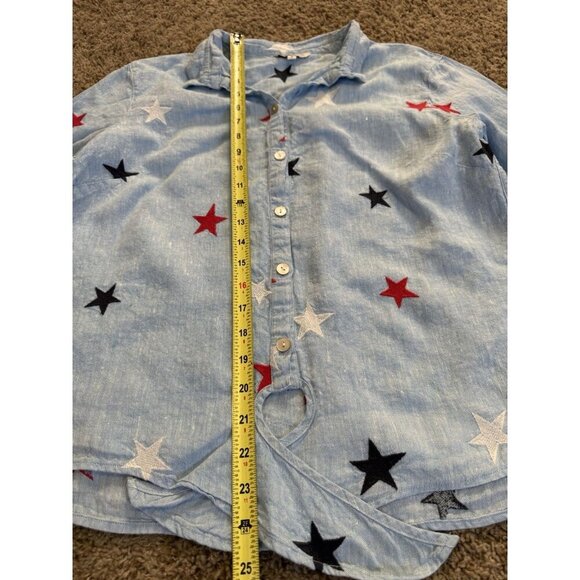 JOHN MARK 100% Linen Embroidered Navy Red White Stars Button Front Knot Boho S - Picture 8 of 9